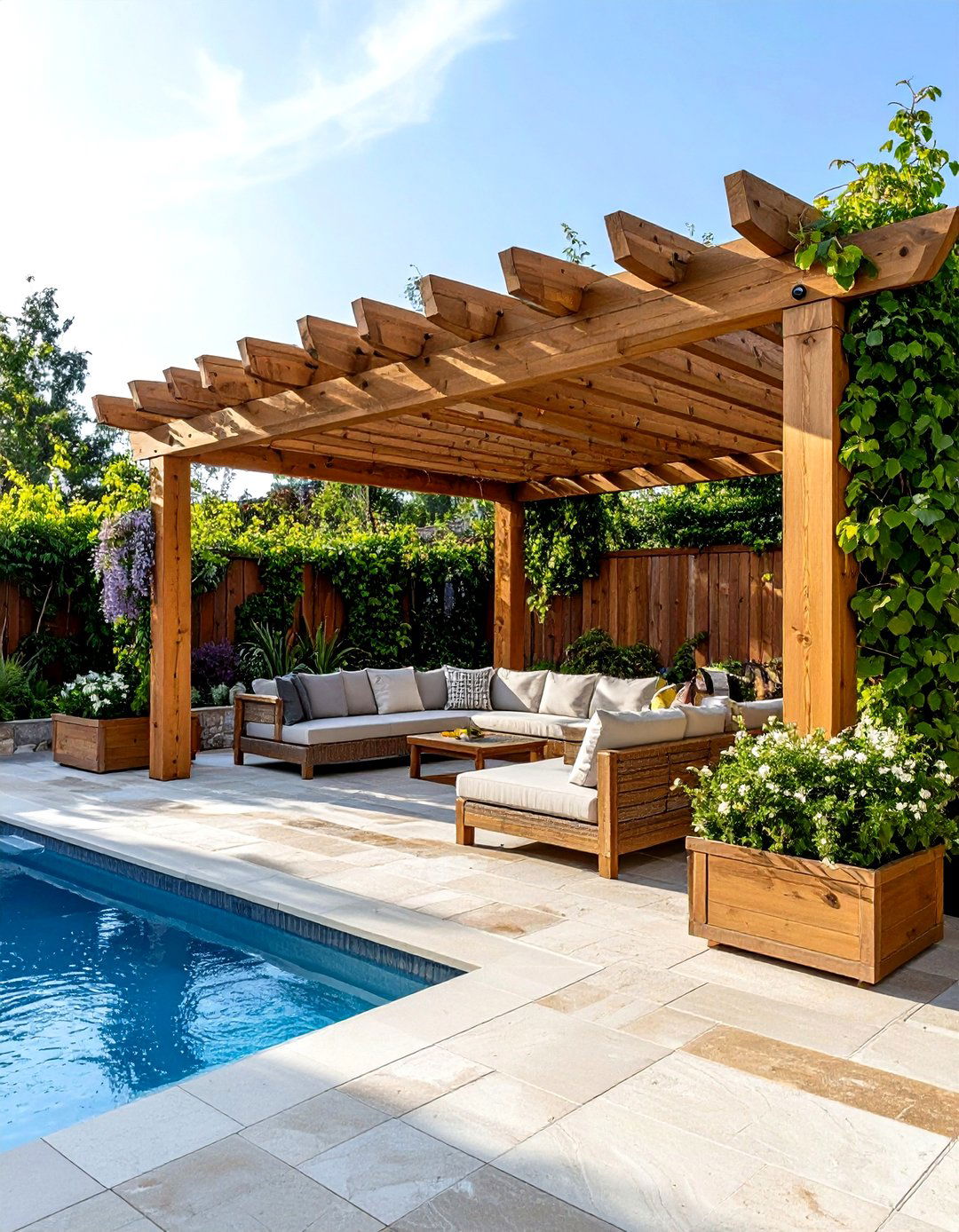 Pool Patio with Pergola and Climbing Vines - 20 Pool Patio Ideas