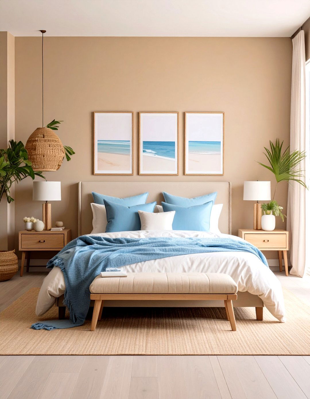 Pops of Blue to Complement Tan - 20 Tan Bedroom Ideas