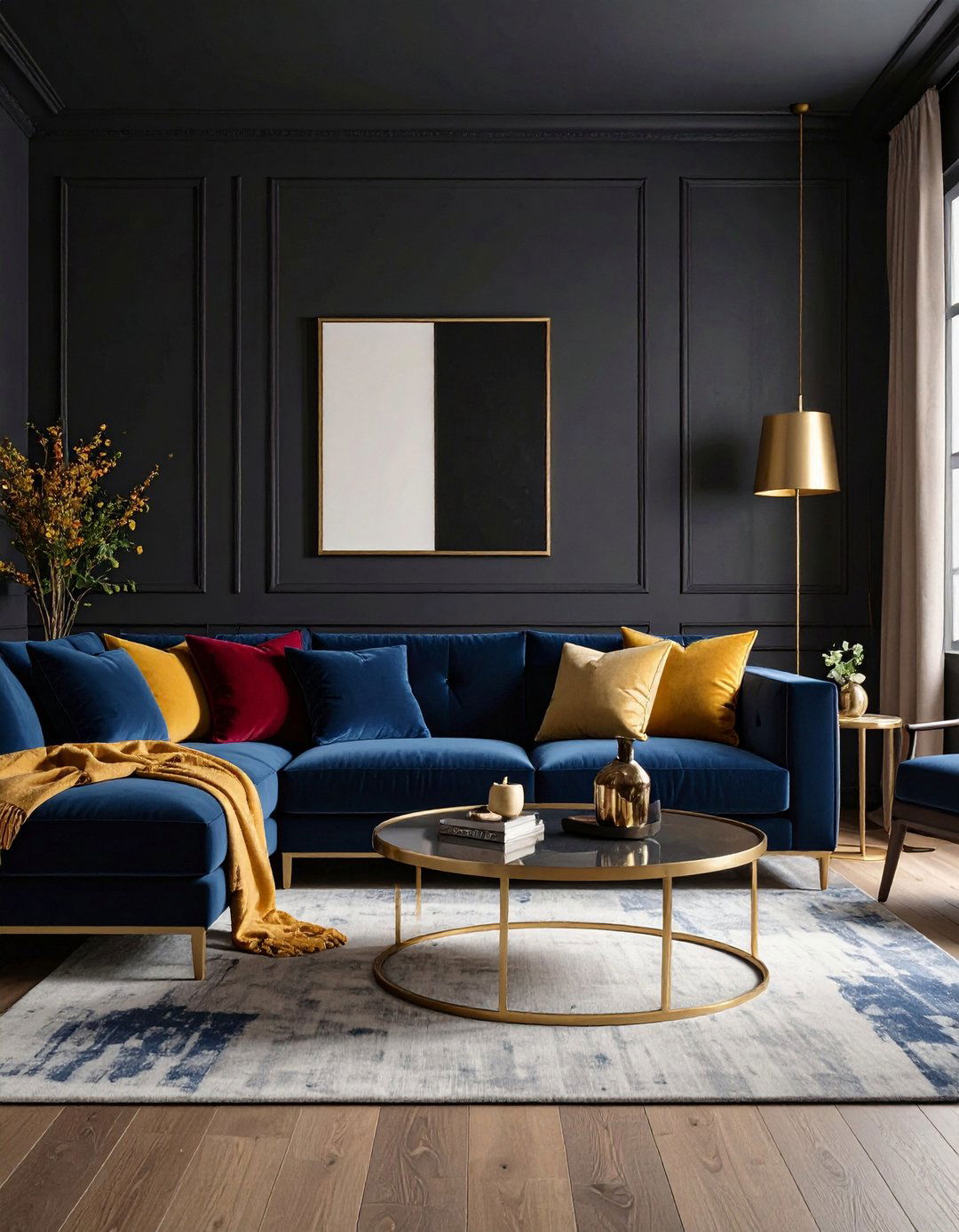 Pops of Jewel Tones in a Black Living Room - 20 Black Living Room Ideas