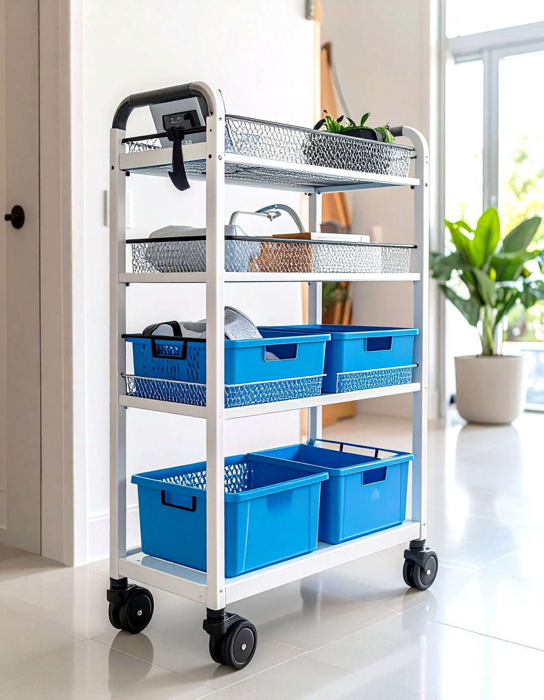Portable Hallway Rolling Cart Tucked Beside the Wall - 20 Hallway Storage Ideas