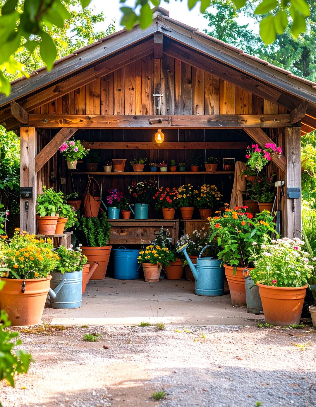Potted Greenery to Refresh Rustic Garage Atmosphere - 20 Rustic Garage Ideas