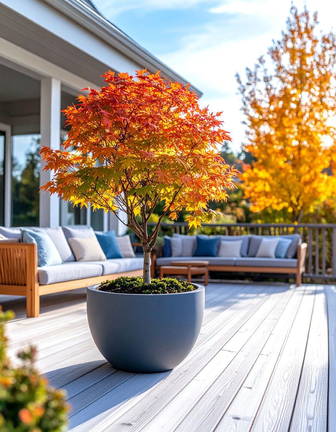 Potted Small Trees to Anchor the Deck - 20 Deck Decorating Ideas With Plant