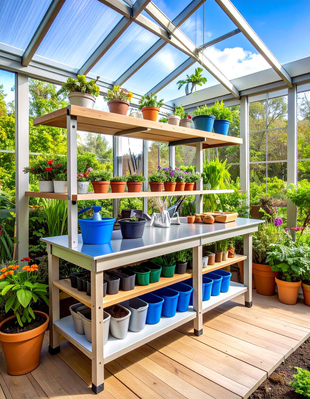 Potting Bench Greenhouse Shelving with Tool Storage - 20 Greenhouse Shelving Ideas