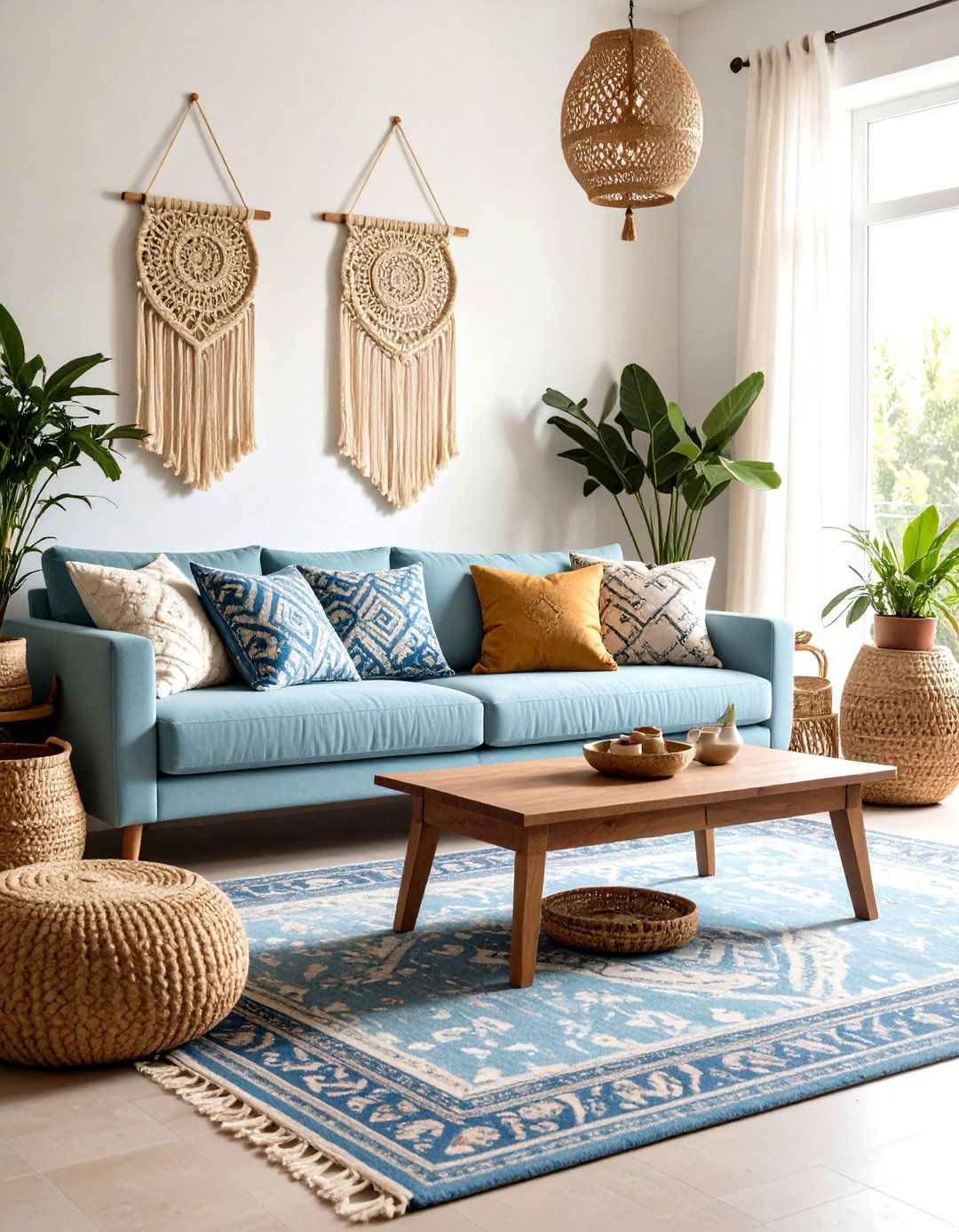 Powder Blue Couch Living Room with Bohemian Textures - 20 Blue Couch Living Room Ideas