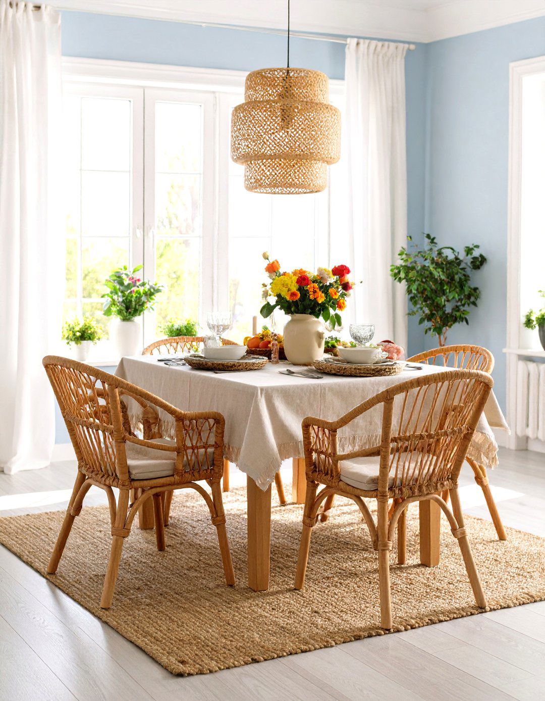 Powder Blue Dining Room Walls with Natural Wood - 20 Blue Dining Room Ideas