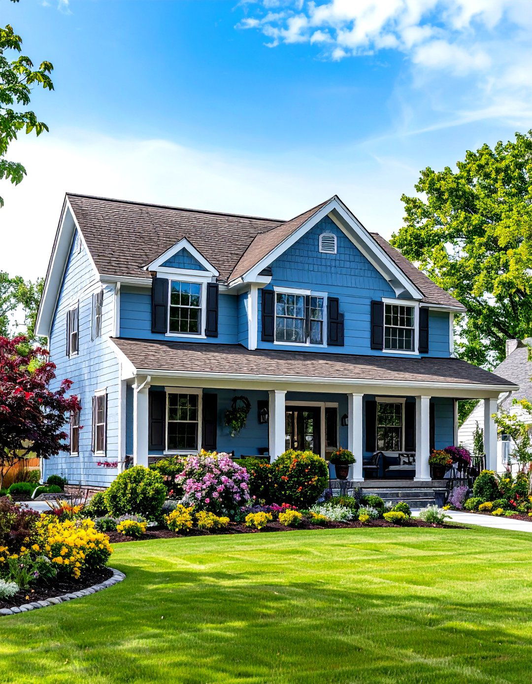 Powder Blue Exterior Home with Brown Roof Colonial Design - 20 blue exterior home with a brown roof ideas