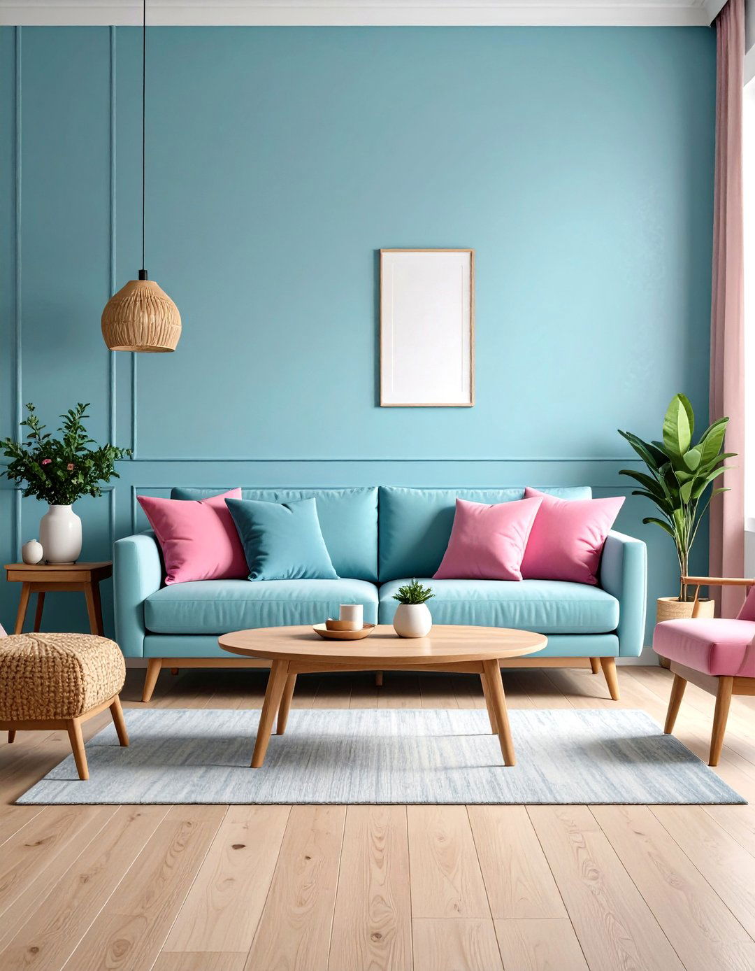 Powder Blue Walls with Hot Pink Cushions - 20 Pink and Blue Living Room Ideas
