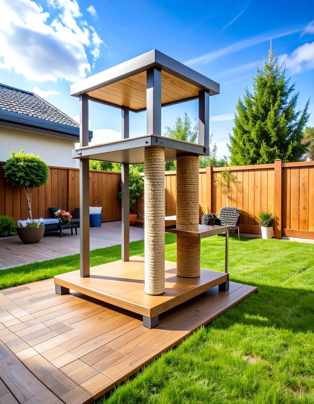 Powder Coated Steel Outdoor Cat Tree with Cedar Platforms - 20 Outdoor Cat Tree Ideas