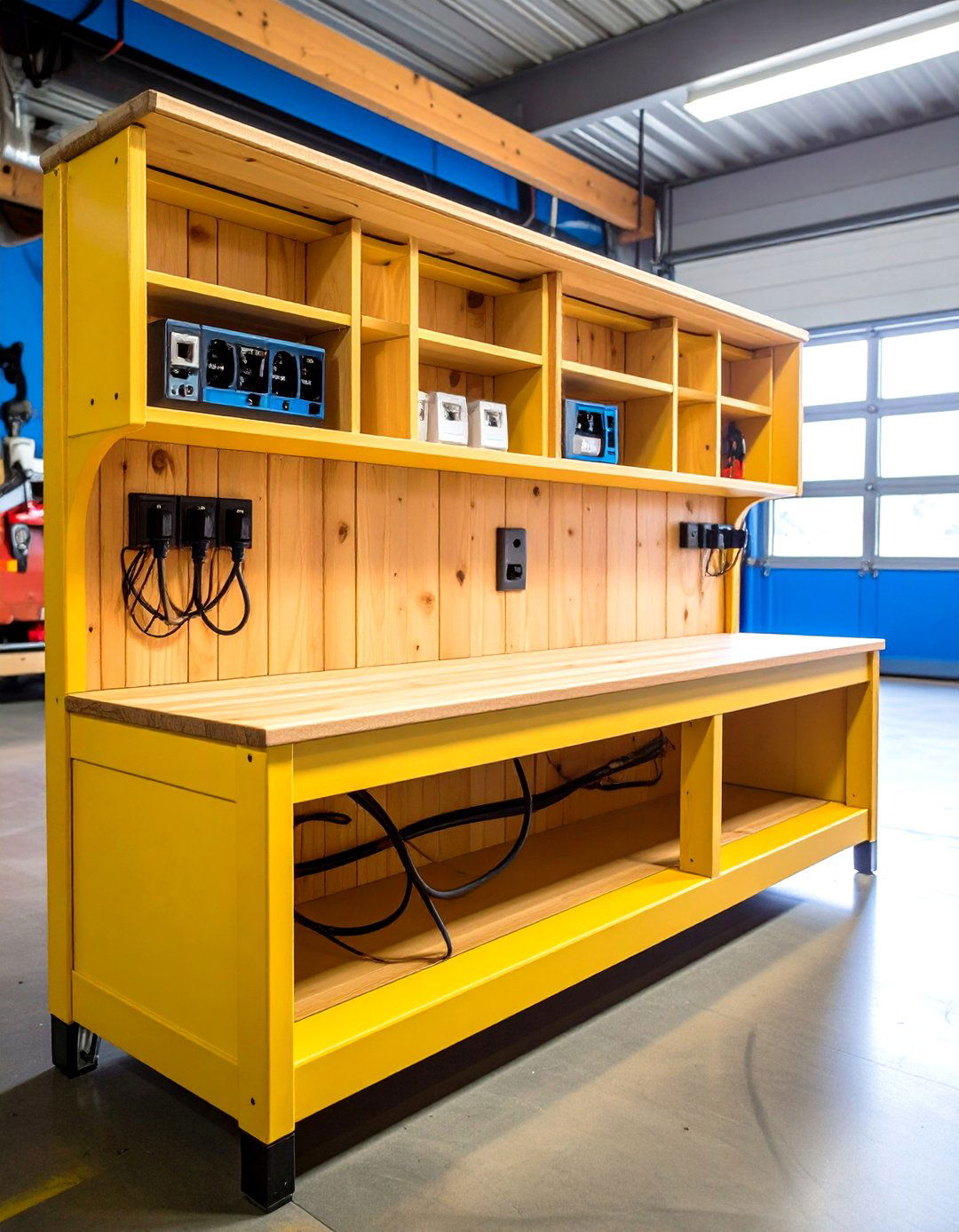 Power Ready Bench with Built In Outlets and USB - 20 Garage Workbench Ideas