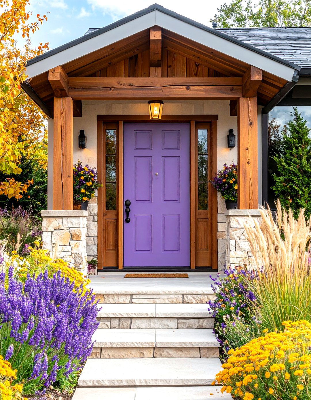 Prairie Style Lavender Front Door with Horizontal Emphasis - 20 Lavender Front Door Ideas