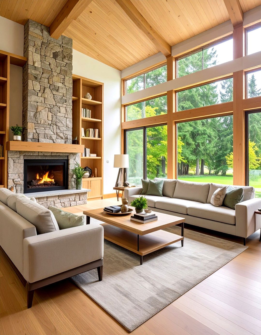 Prairie Style Open Concept Living Room with Integrated Built ins - 20 Prairie-style Interior Design Ideas