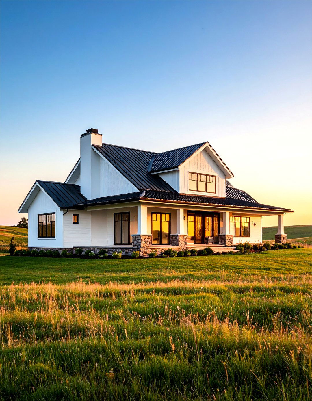 Prairie Style White Exterior Home with a Black Roof and Horizontal Lines - 20 White Exterior Home with a Black Roof Ideas