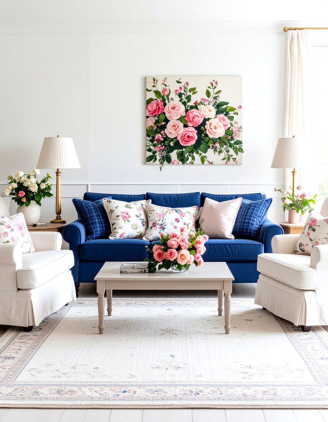 Preppy Living Room with Gingham and Floral Country Charm - 20 Preppy Living Room Ideas