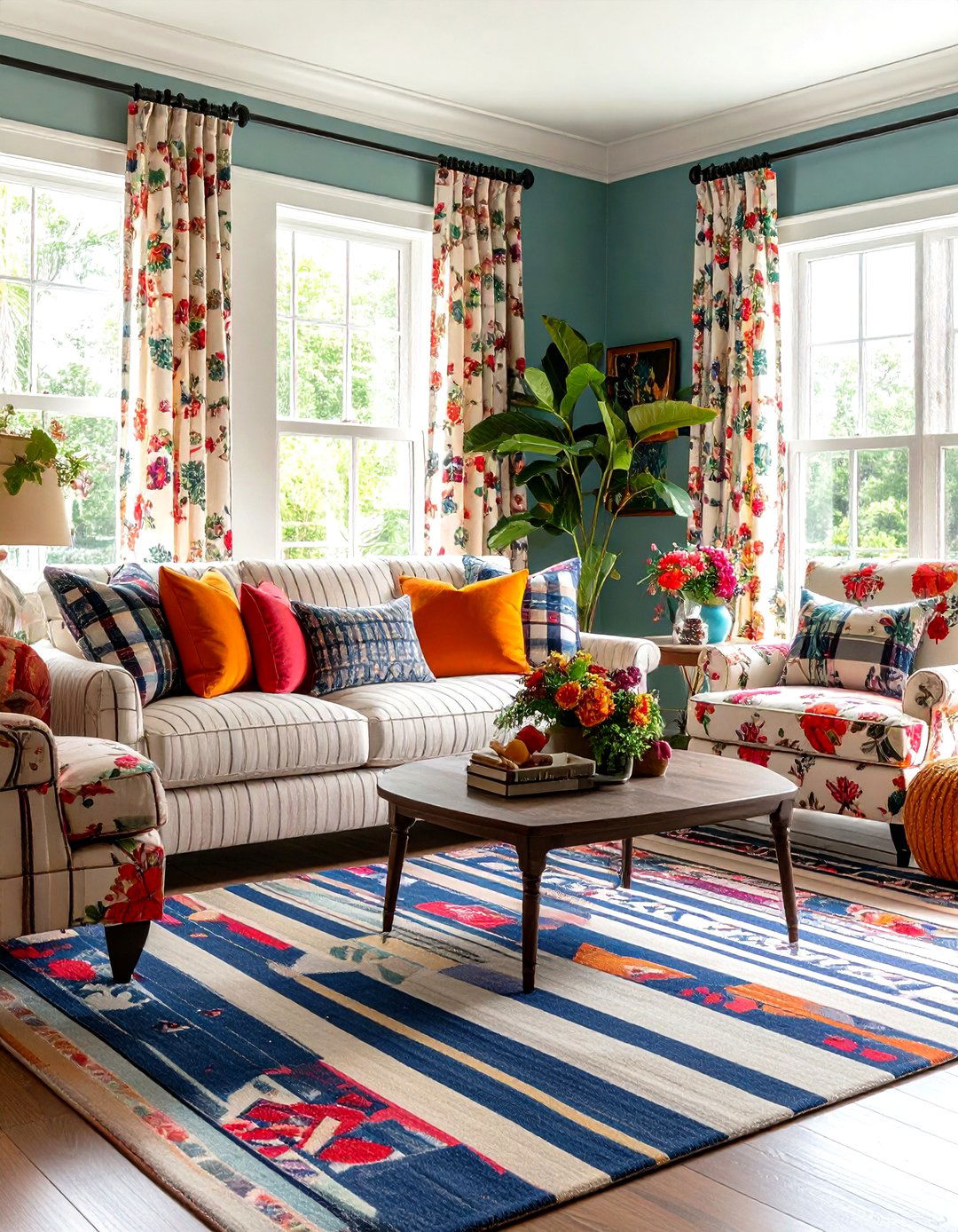 Preppy Living Room with Maximalist Pattern Mixing - 20 Preppy Living Room Ideas