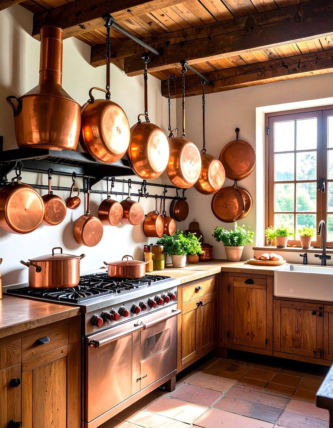 Primitive Kitchen with Copper Pots and Cast Iron Cookware - 20 Primitive Kitchen Ideas