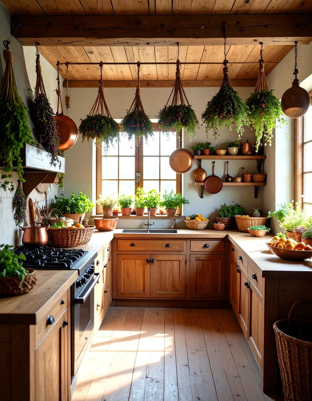 Primitive Kitchen with Dried Herb Bundles and Harvest Displays - 20 Primitive Kitchen Ideas