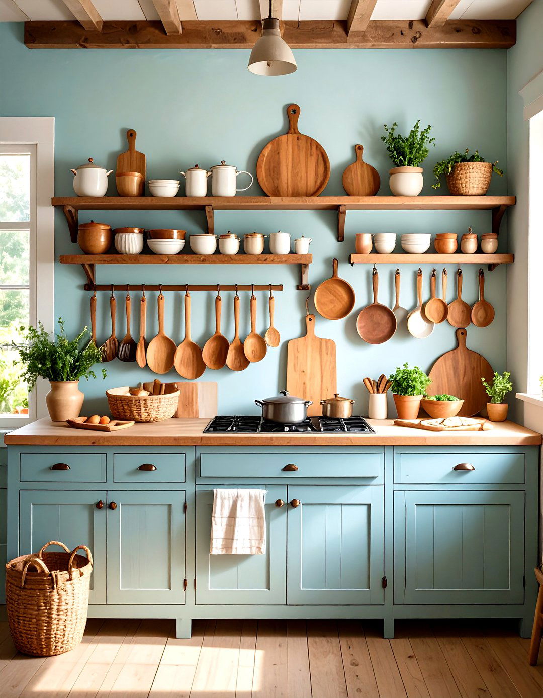 Primitive Kitchen with Wooden Utensils and Rolling Pin Display - 20 Primitive Kitchen Ideas