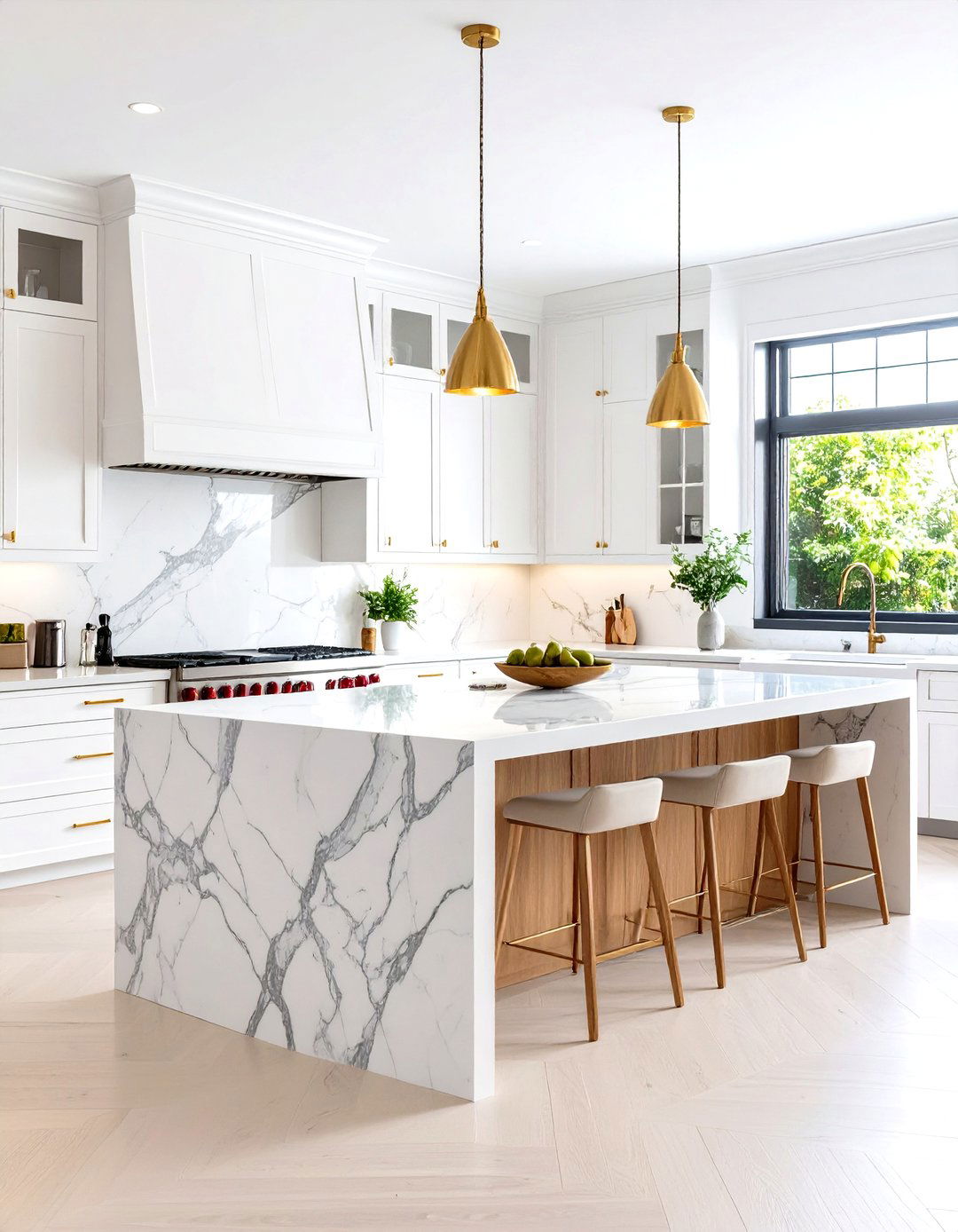 Pristine Carrara Marble Waterfall Kitchen Island with Classic Timelessness - 20 Waterfall Kitchen Island Ideas