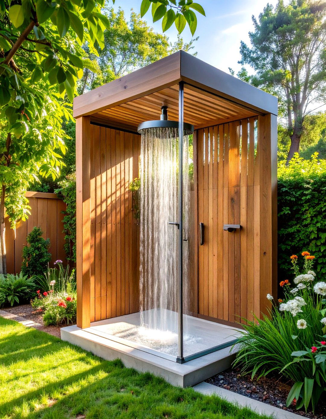 Privacy Screen Slatted Wood Outdoor Shower - 20 Outdoor Shower Ideas