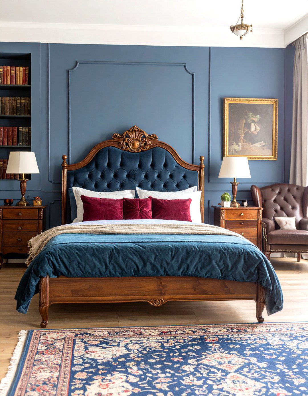 Prussian Blue and Burgundy Vintage Library Bedroom - 20 Blue and Purple Bedroom Ideas