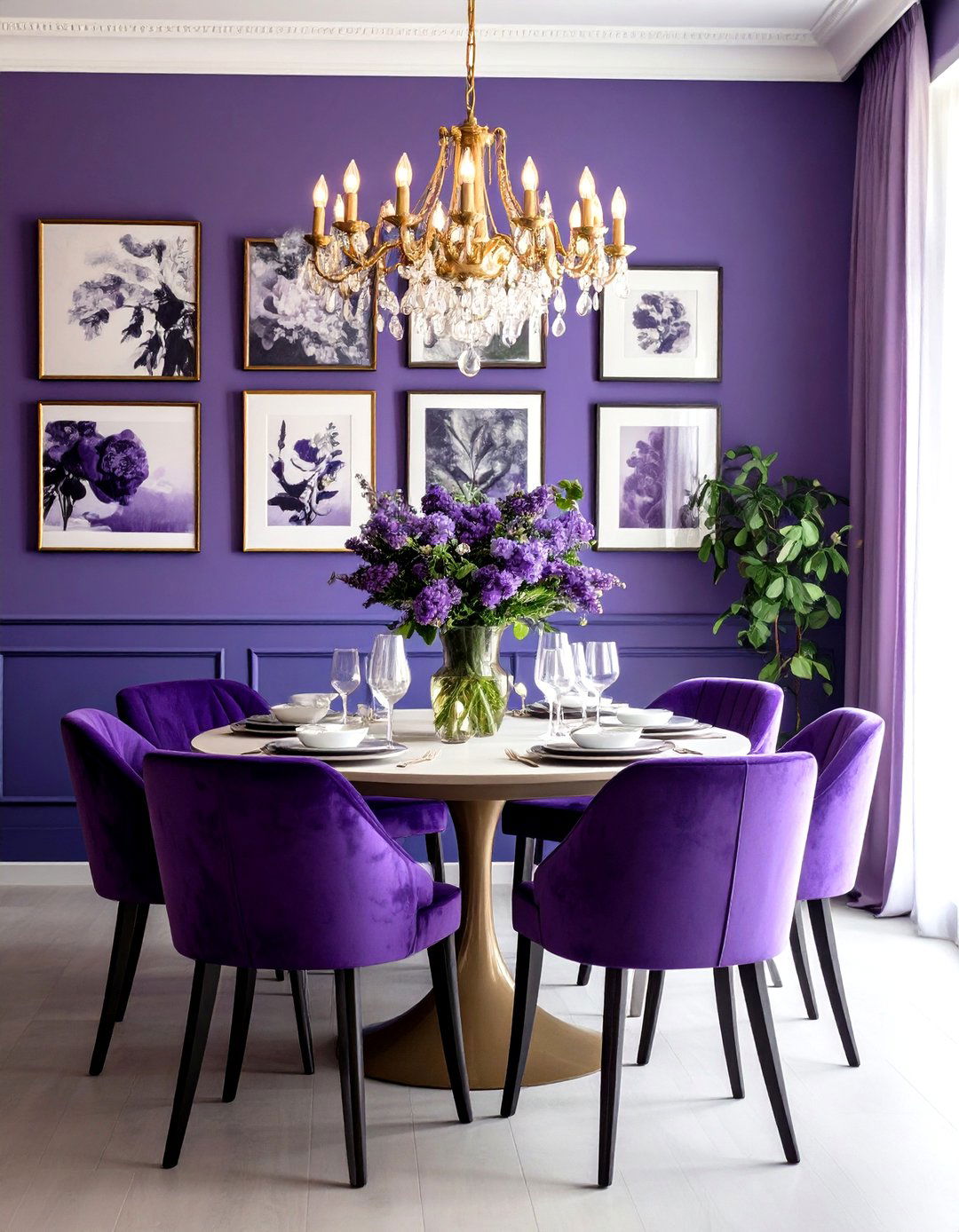 Purple Dining Room with Gallery Wall and Artistic Focus - 20 Purple Dining Room Ideas