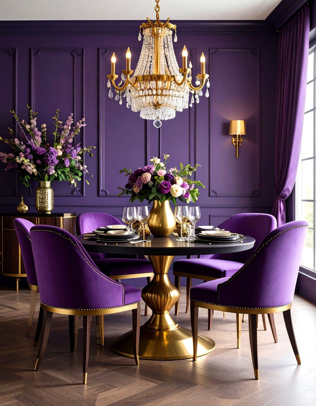 Purple Dining Room with Metallic Accents and Warm Lighting - 20 Purple Dining Room Ideas