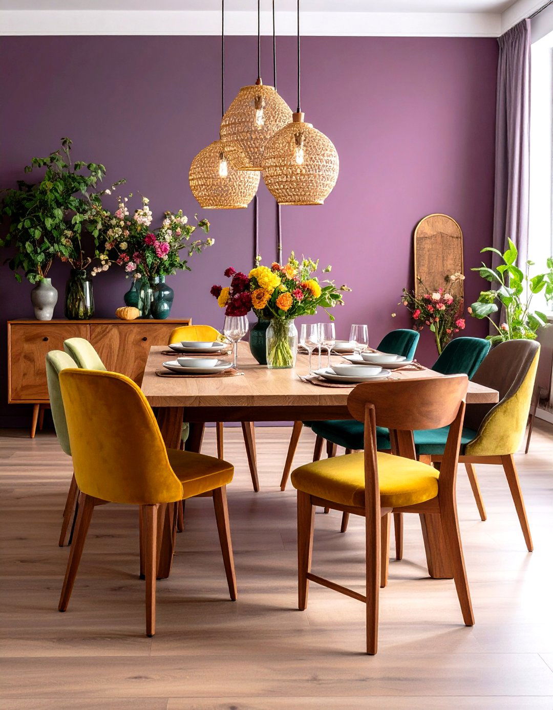 Purple Dining Room with Mixed Chair Styles - 20 Purple Dining Room Ideas