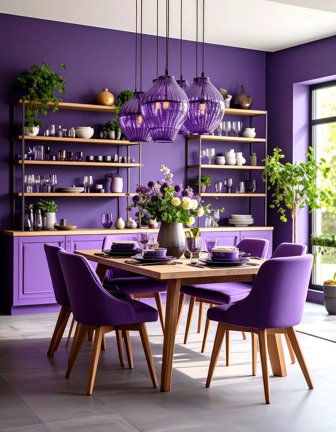 Purple Dining Room with Open Shelving and Display Elements - 20 Purple Dining Room Ideas