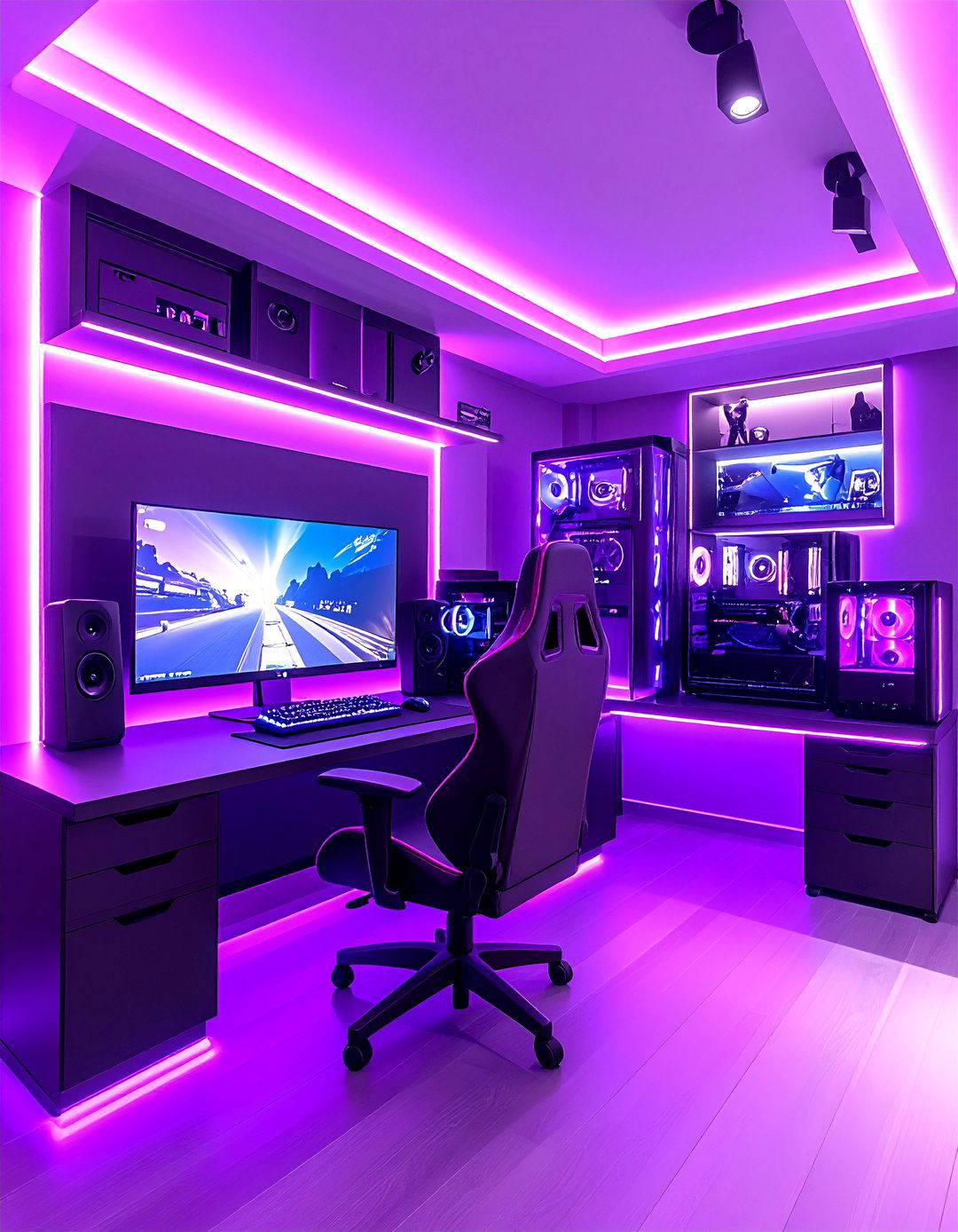 Purple Gaming Setup with Collectors Display - 20 Purple Gaming Setup Ideas