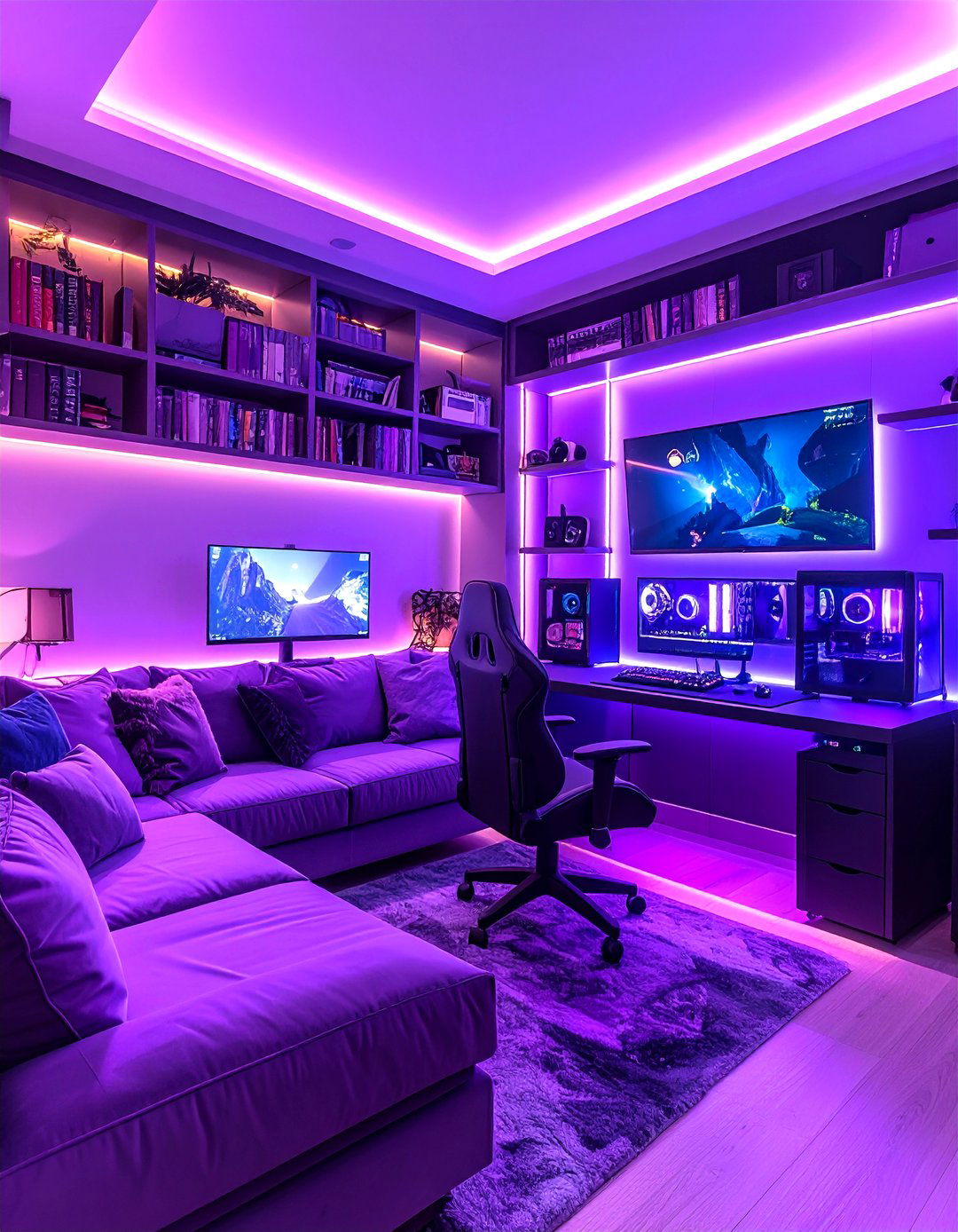 Purple Gaming Setup with Cozy Reading Nook - 20 Purple Gaming Setup Ideas