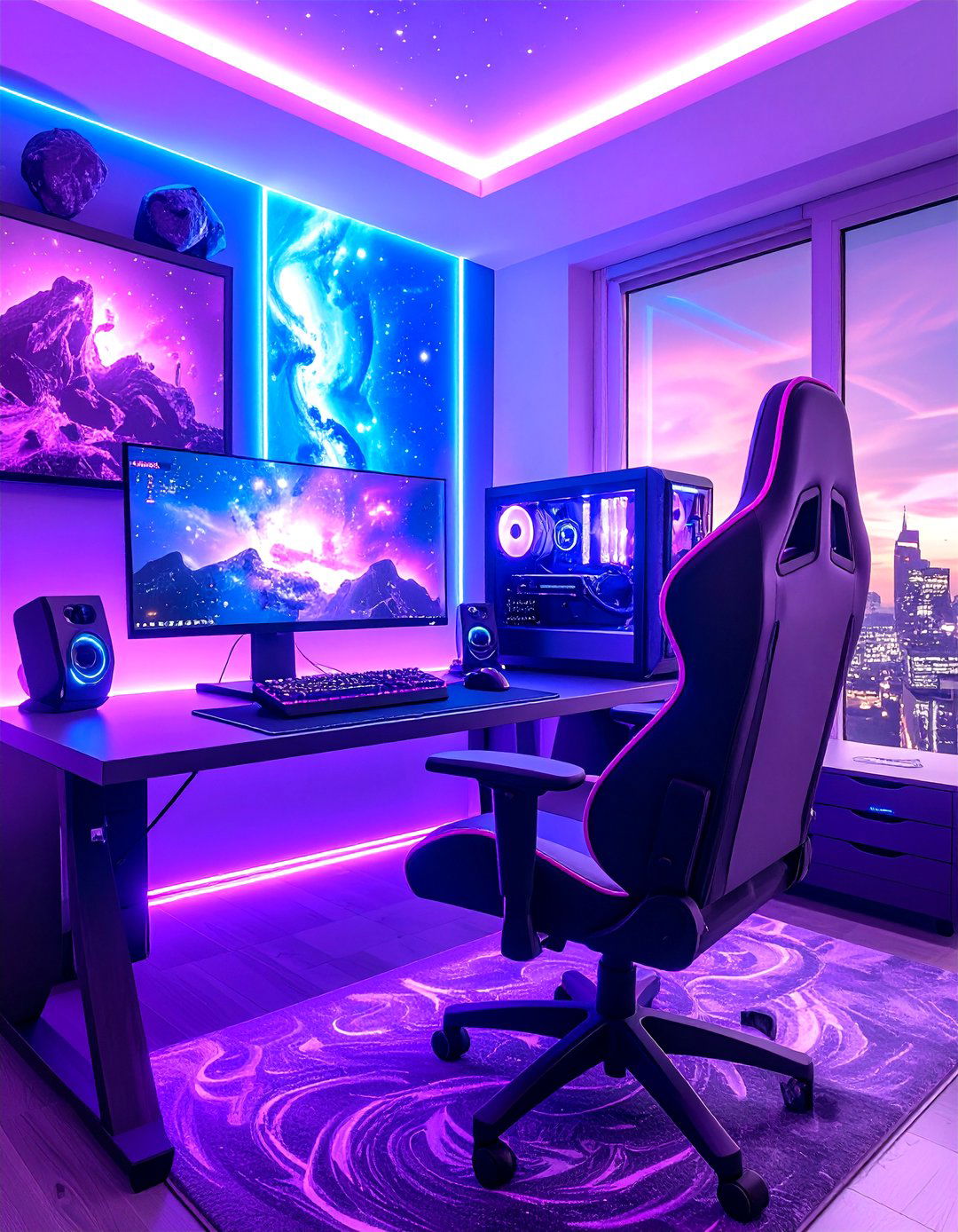 Purple Gaming Setup with Galaxy Space Theme - 20 Purple Gaming Setup Ideas