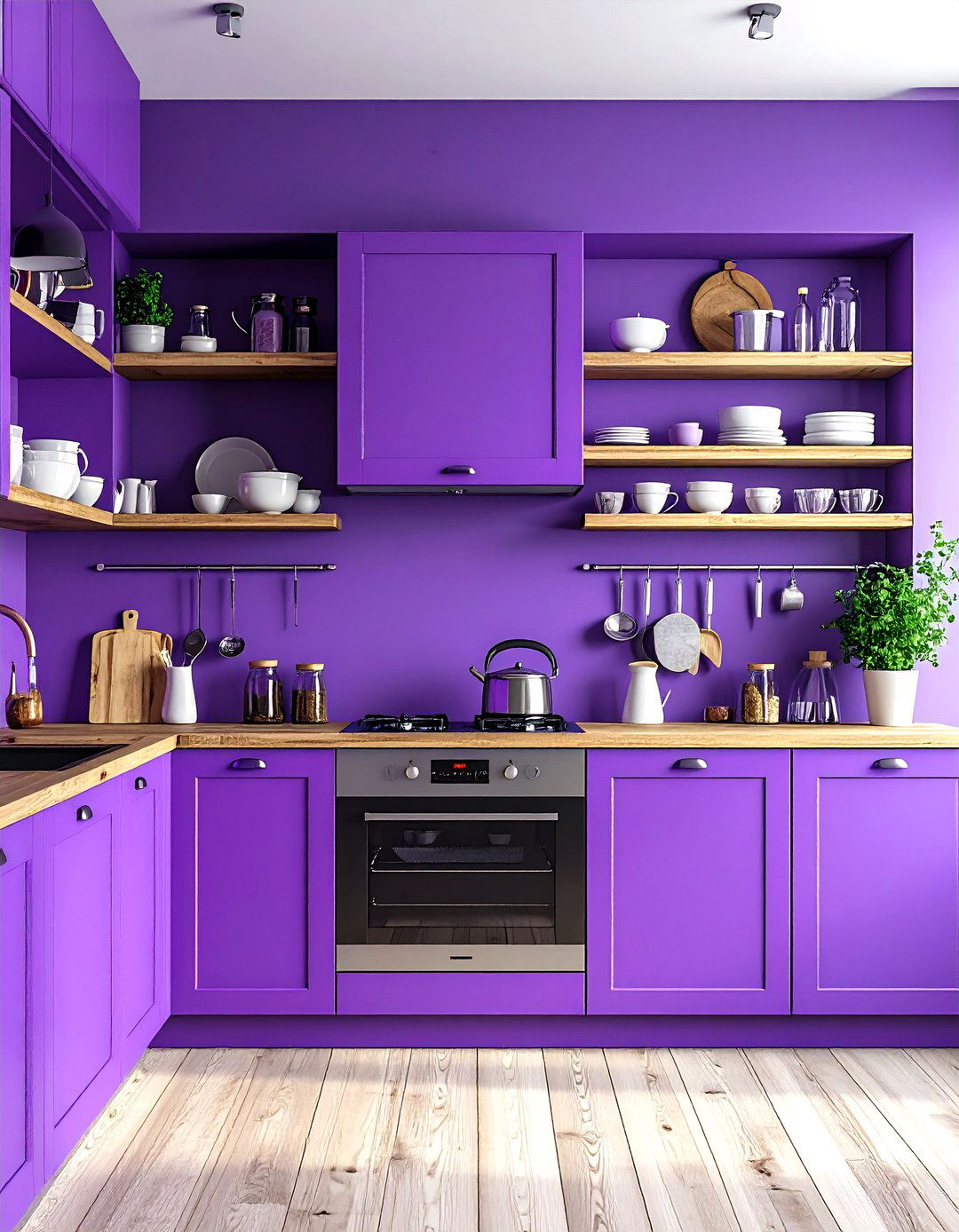 Purple Kitchen Open Shelving Design - 20 Purple Kitchen Ideas