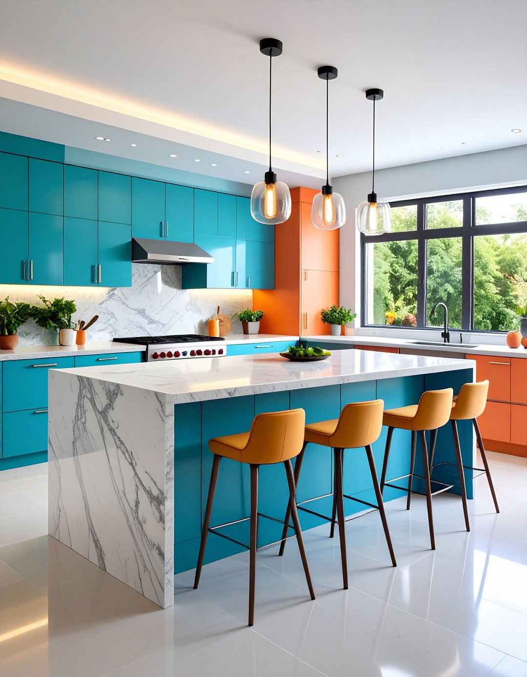 Quartz Kitchen Island with Coordinated Backsplash and Seating - 20 Kitchen Island Ideas With Seating