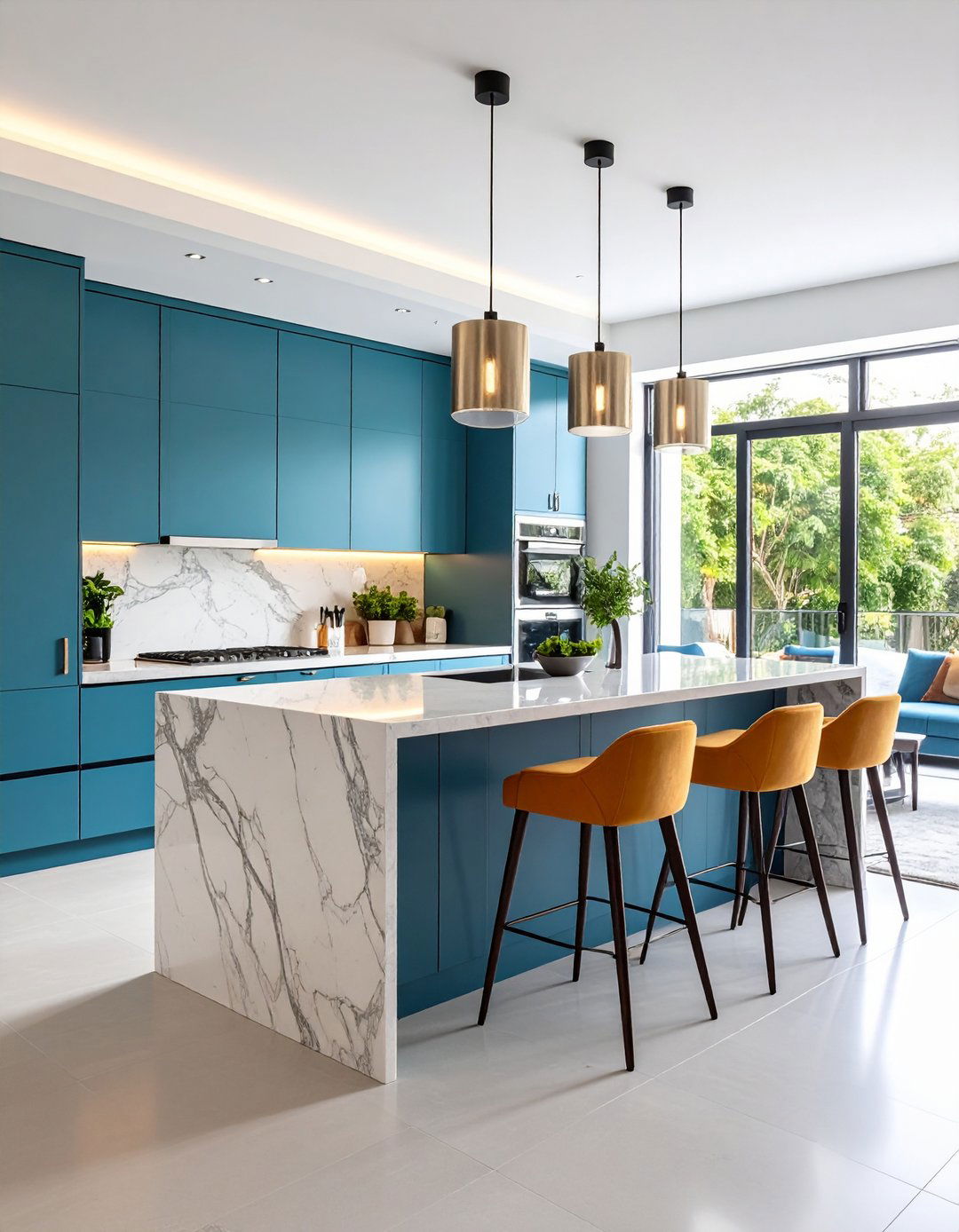 Quartzite Kitchen Island with Statement Veining and Designer Seating - 20 Kitchen Island Ideas With Seating