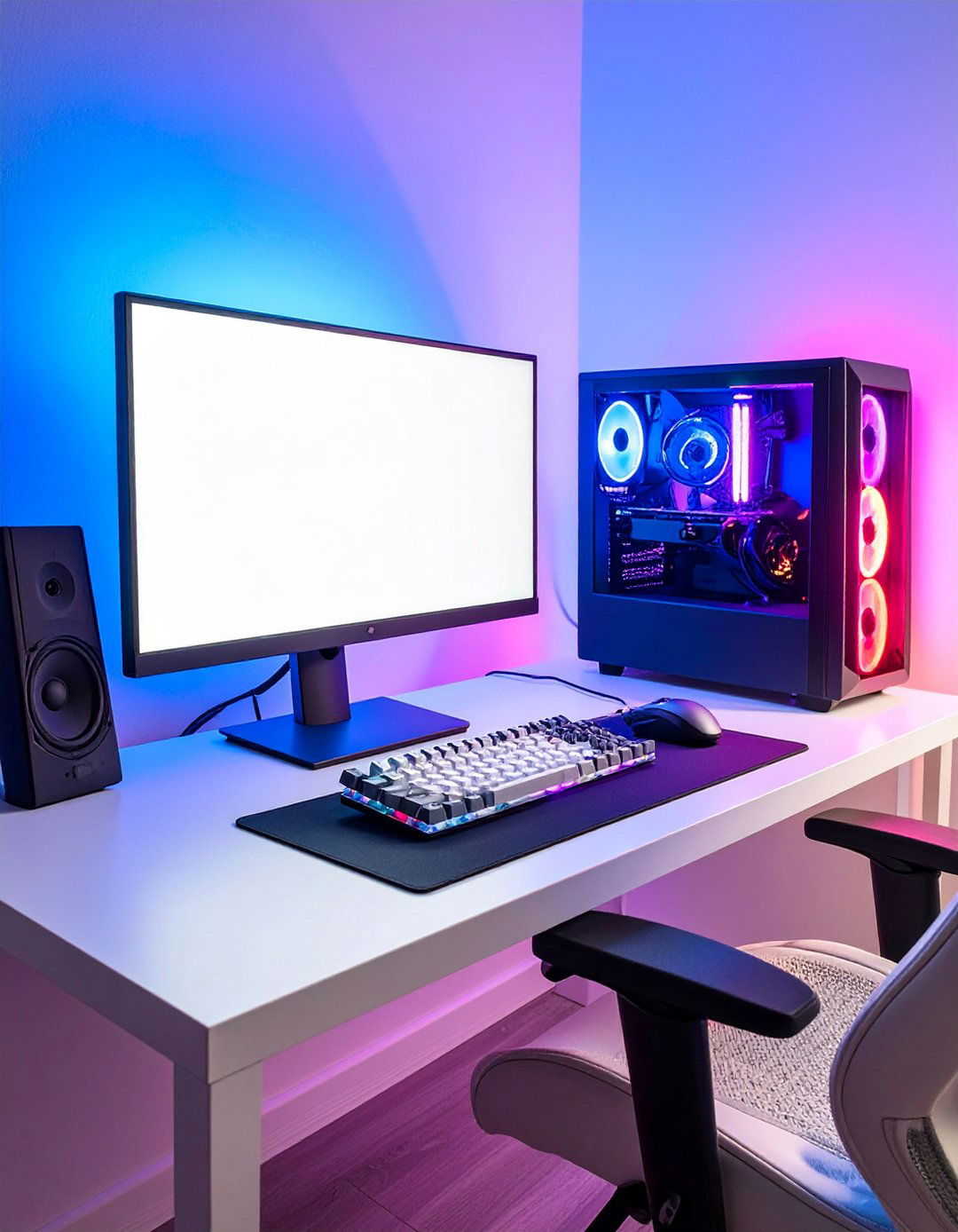 RGB Enhanced White Gaming Setup for Dynamic Lighting - 20 All White Gaming Setup Ideas