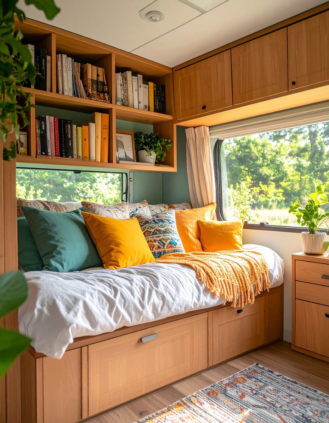 RV Bedroom Built In Bookshelf and Warm Reading Nook - 20 Rv Bedroom Ideas