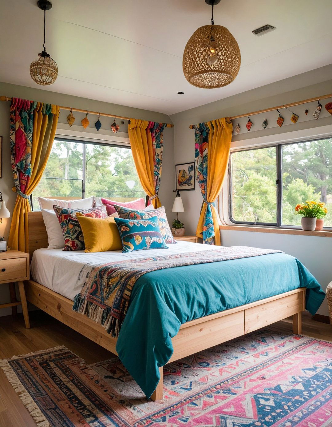 RV Bedroom DIY Geometric Headboard with No Sew Curtains - 20 Rv Bedroom Ideas