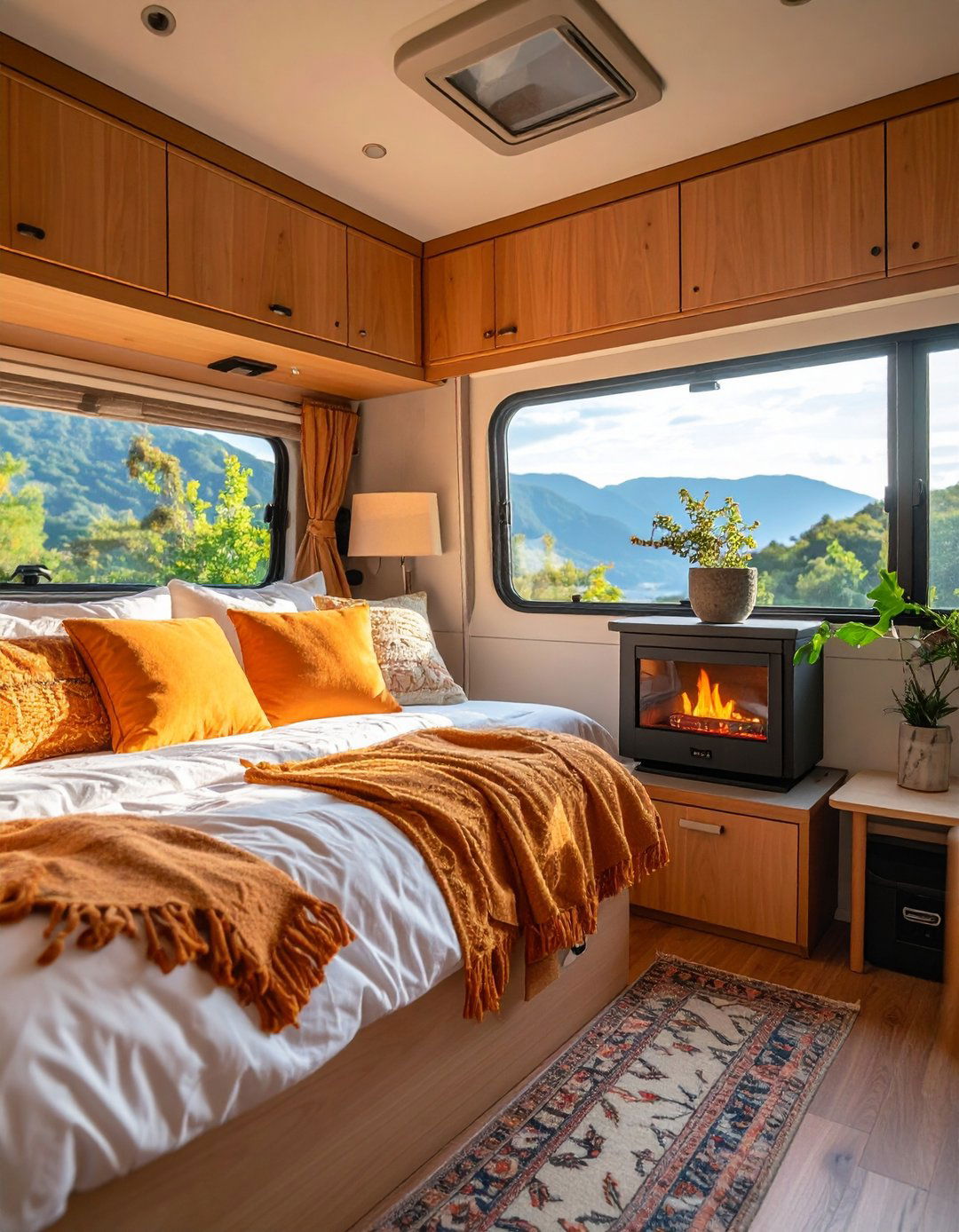 RV Bedroom Mini Fireplace Style Heater for Warmth - 20 Rv Bedroom Ideas