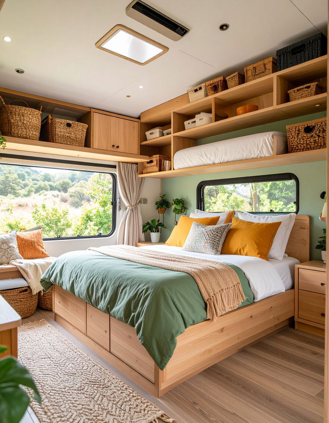 RV Bedroom Natural Wood Shelves to Expand Perceived Space - 20 Rv Bedroom Ideas