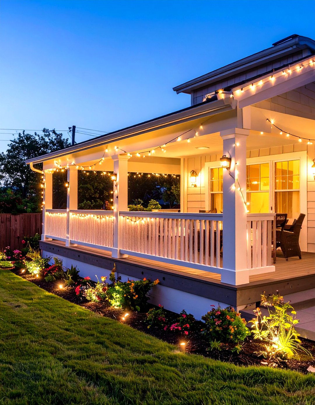 Railing Wrapped Patio String Light Deck Accent Design - 20 Patio String Light Ideas