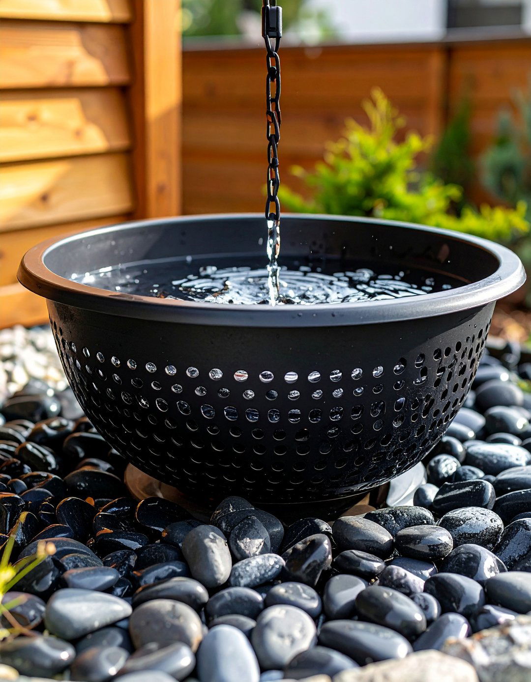 Rain Chain Splash Zone of Black River Rock - 20 Black River Rock Landscaping Ideas
