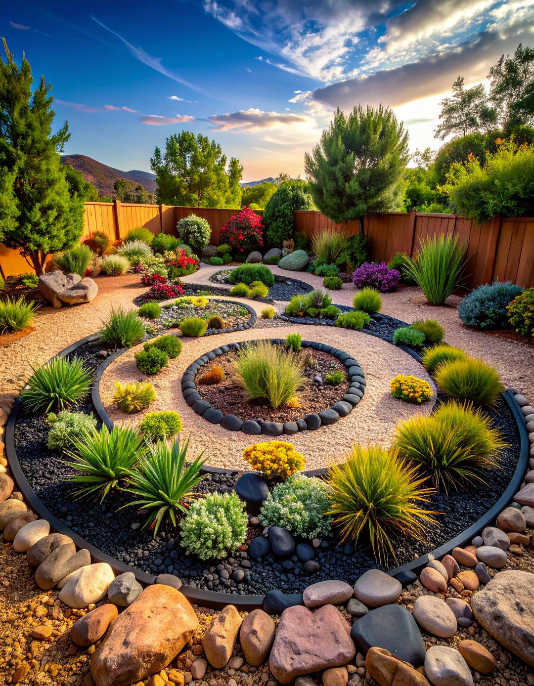Rain Garden Basin Cushioned by Black River Rock - 20 Black River Rock Landscaping Ideas