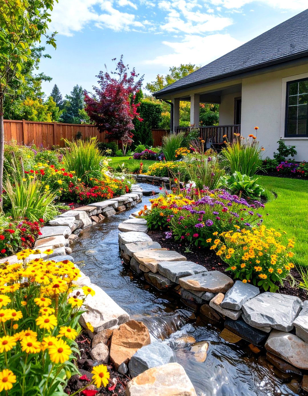 Rain Garden with Stone Weir - 20 Hardscape Ideas