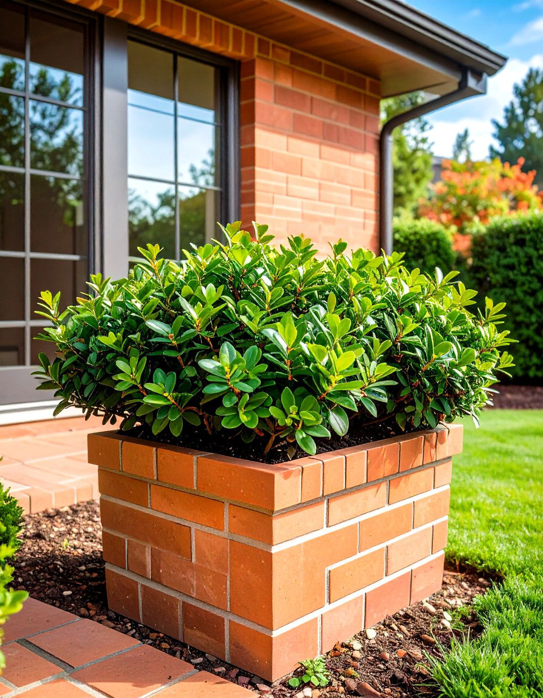 Raised Brick Planter Filled with Boxwood - 20 Front Yard Boxwood Designs