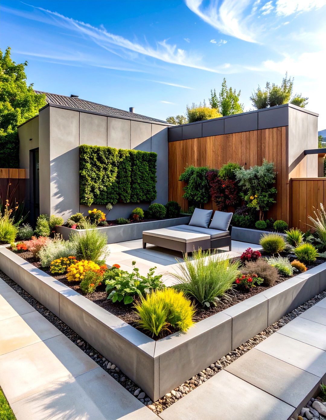 Raised Concrete Patio with Checkerboard Pattern and Alternating Materials - 20 Raised Concrete Patio Ideas