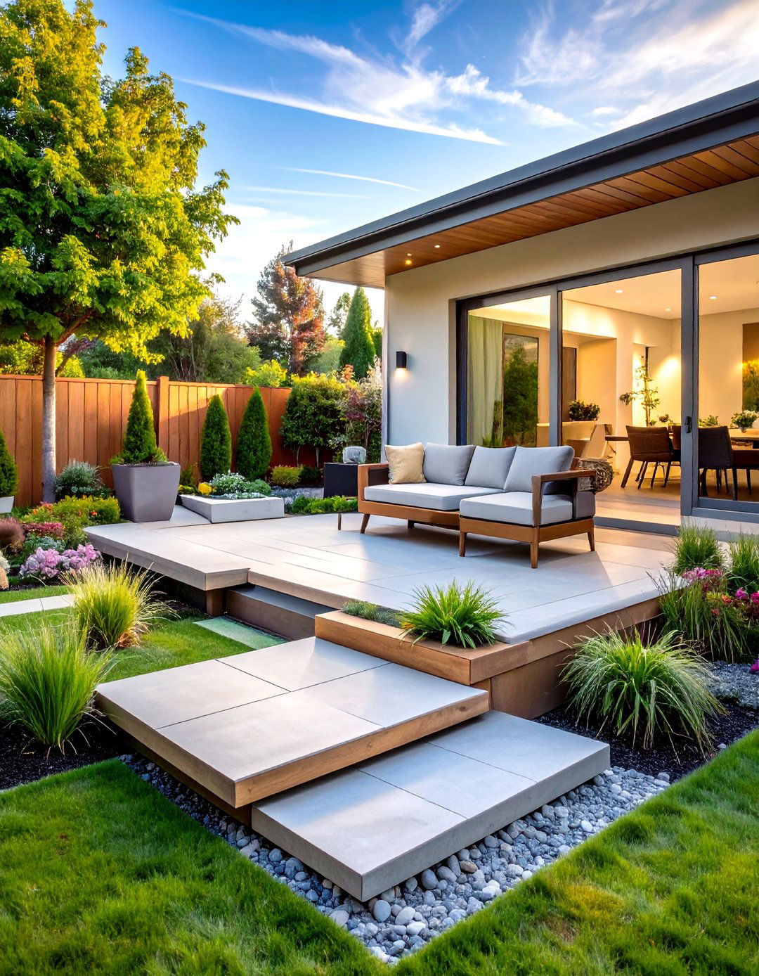 Raised Concrete Patio with Curved Seating Walls and Central Focal Point - 20 Raised Concrete Patio Ideas