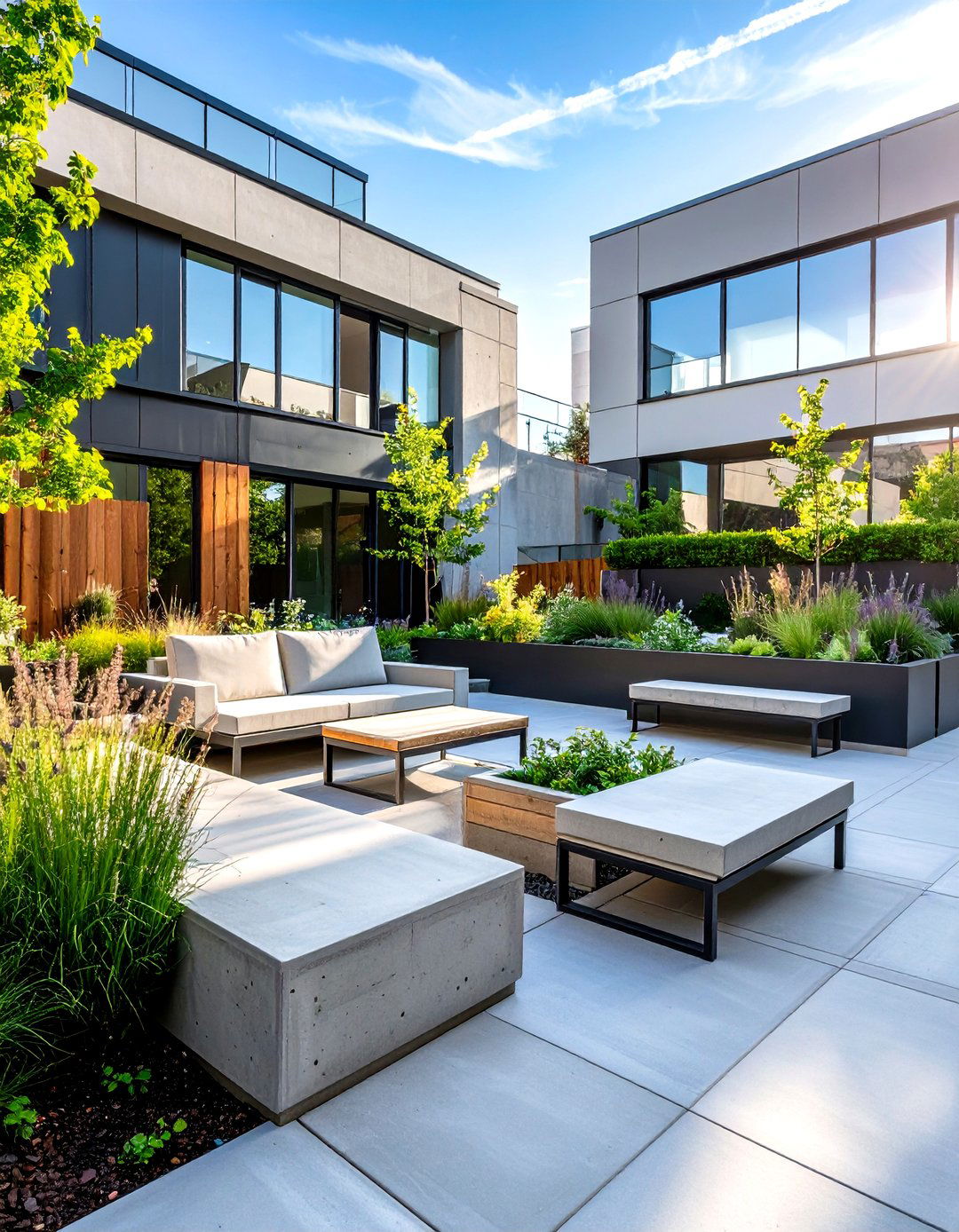 Raised Concrete Patio with Integrated Fire Pit and Amphitheater Seating - 20 Raised Concrete Patio Ideas