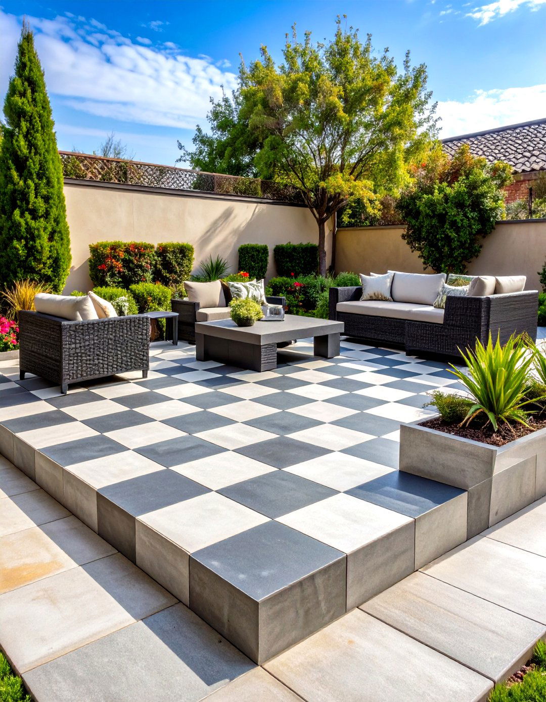 Raised Concrete Patio with Integrated Pergola Support and Overhead Structure - 20 Raised Concrete Patio Ideas