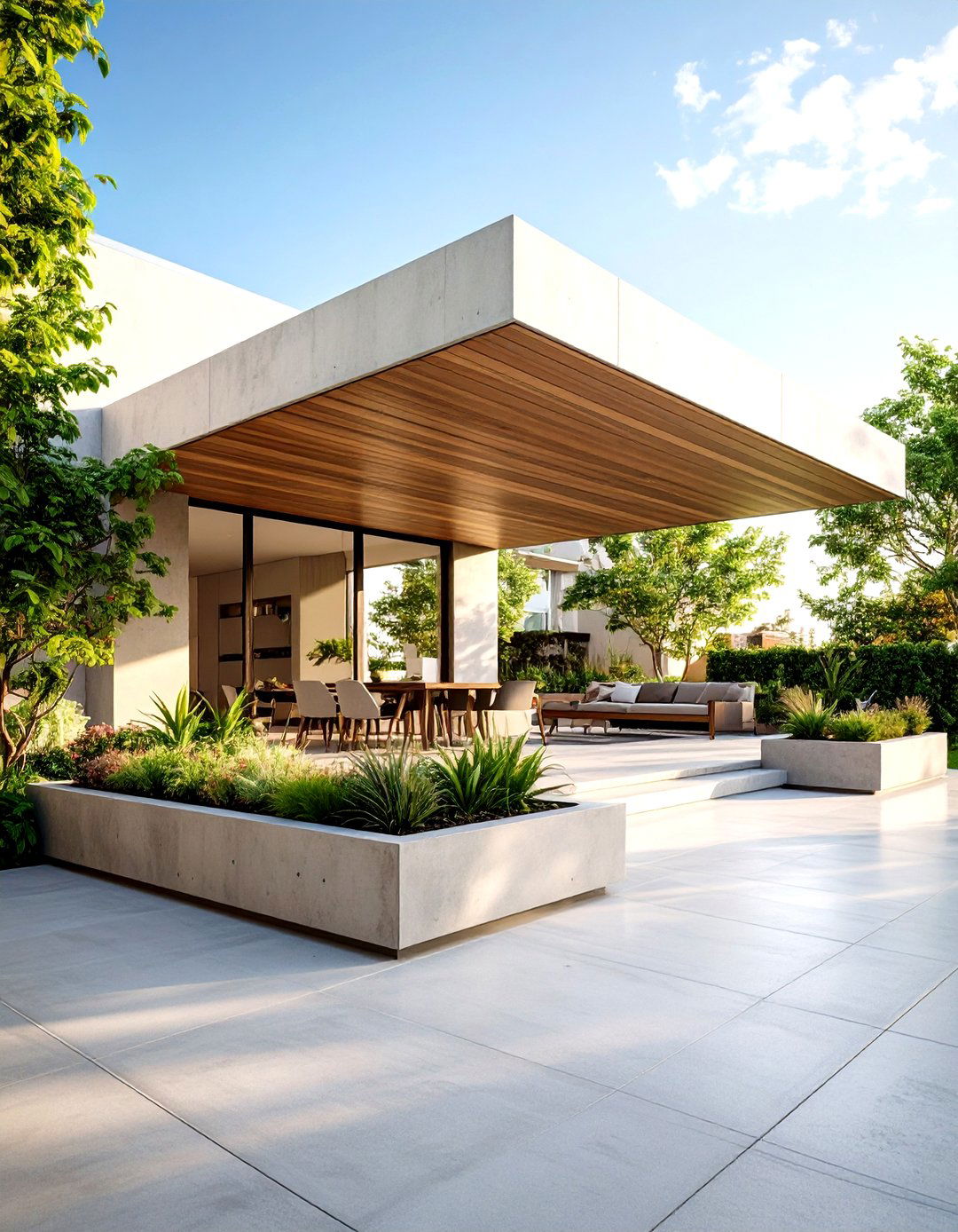Raised Concrete Patio with Wooden Plank Stamping and Natural Borders - 20 Raised Concrete Patio Ideas