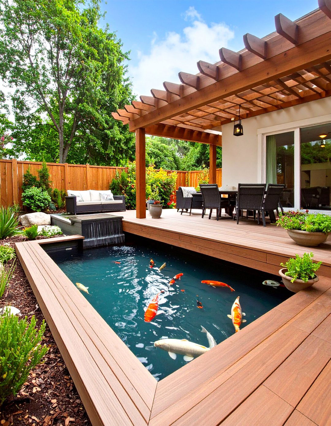 Raised Deck Koi Pond with Pergola - 20 Koi Pond Ideas